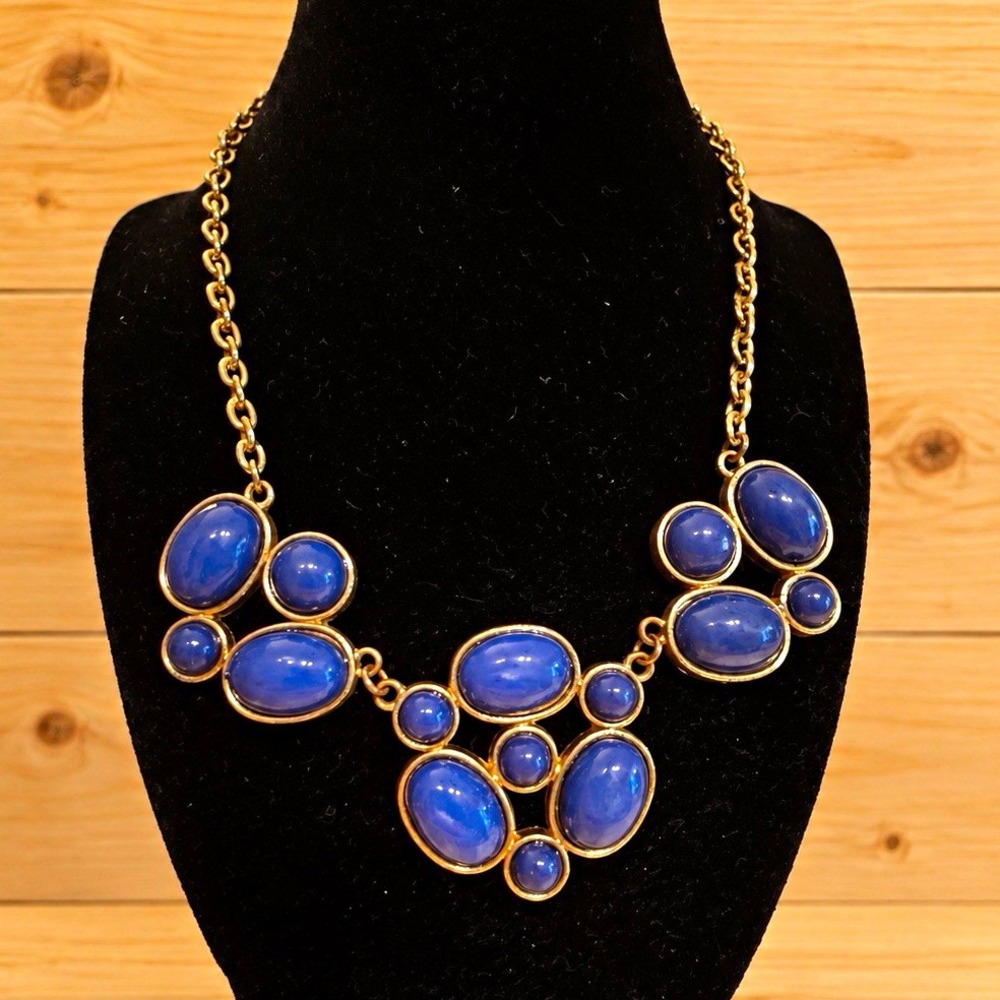 Gold Tone Blue Oval Cabochon Statement Necklace Cable Chain Adjustable LobsterB2